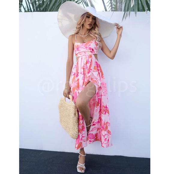 Pink Floral Cut Out Dress Maxi Leg Slit Tie Back - Picture 6 of 9